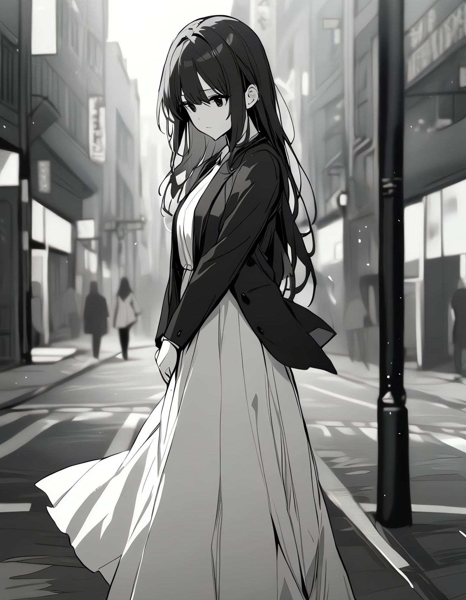 Sad Girl Walking in Monochrome City Street