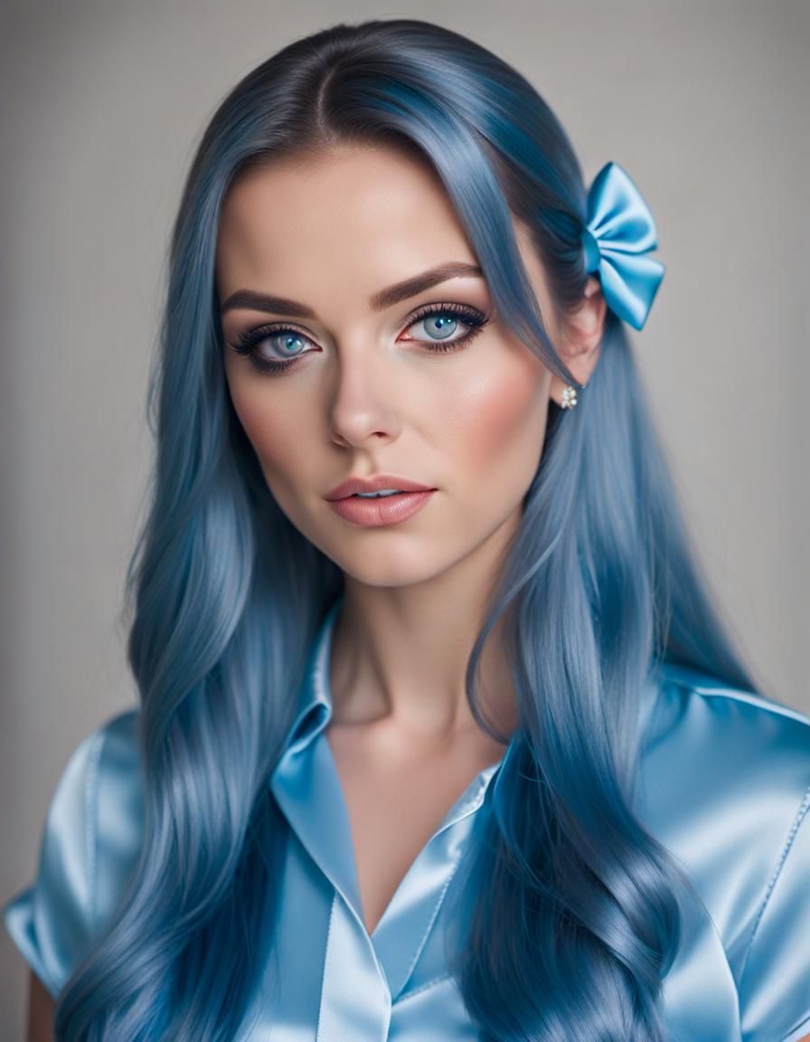 Beautiful Woman with Striking Blue Eyes in Satin