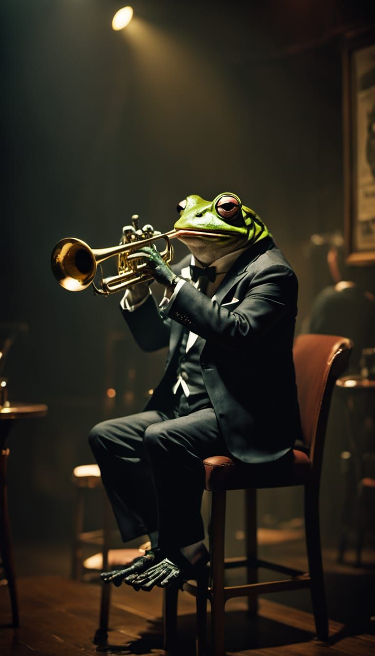 Film Noir Frog Playing Trumpet in Jazz Club