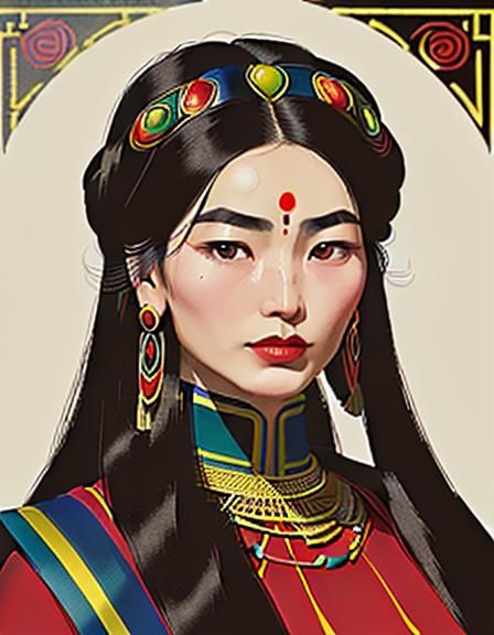 Art Deco Portrait of Tibetan Woman in Himalayas