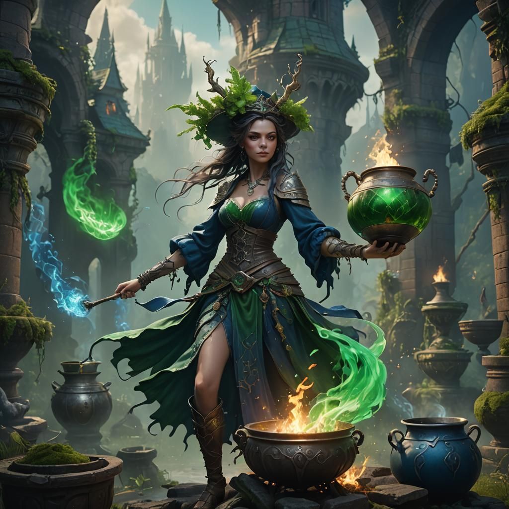 Enchanting Witch Stirring Cauldron with Magical Energy