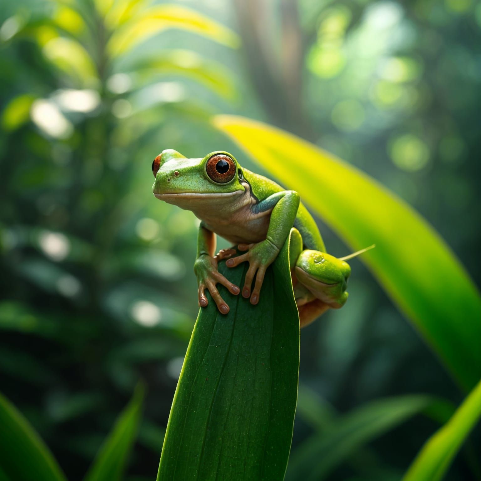 Green Tree Frog on Leaf: Cinematic Digital Painting