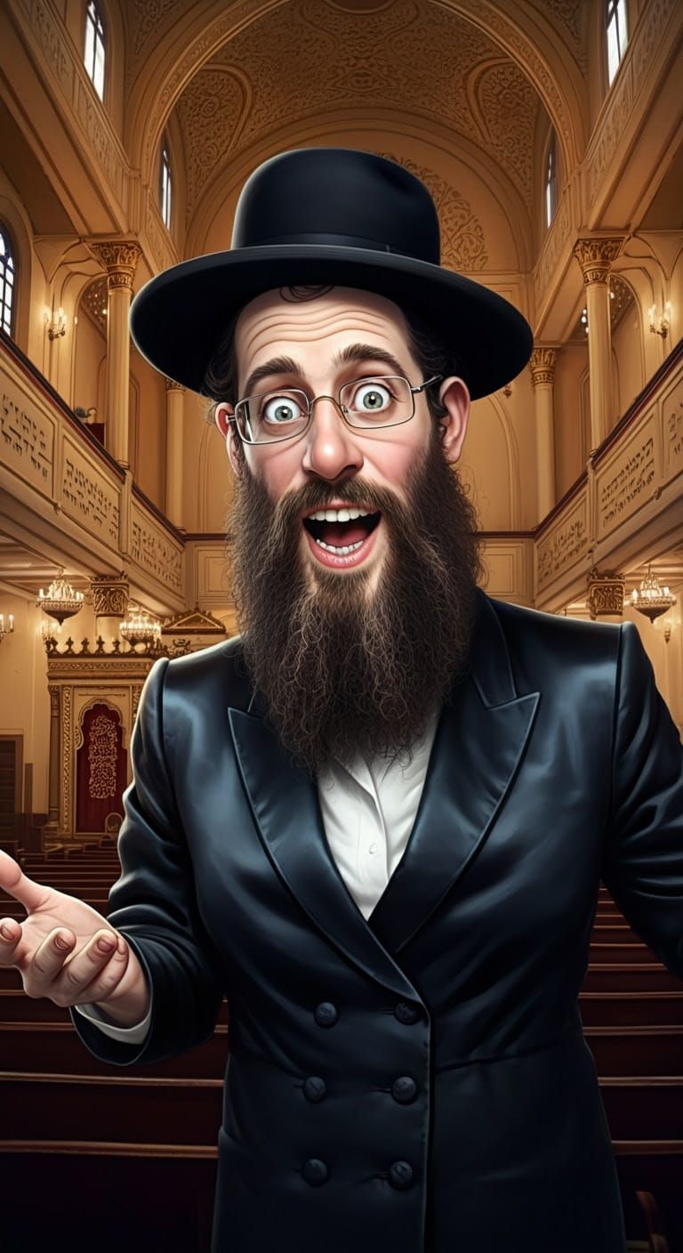 Humorous Digital Illustration of Hasidic Gabbai in Synagogue
