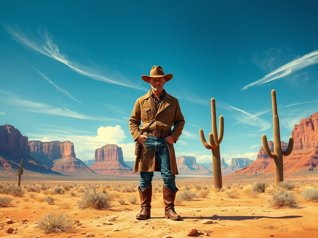 Lone Cowboy in Sun-Scorched Desert Landscape
