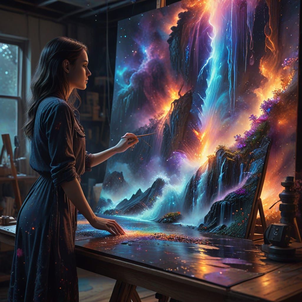 Female Artist's Cosmic Waterfall: Museum-Quality Impressioni...