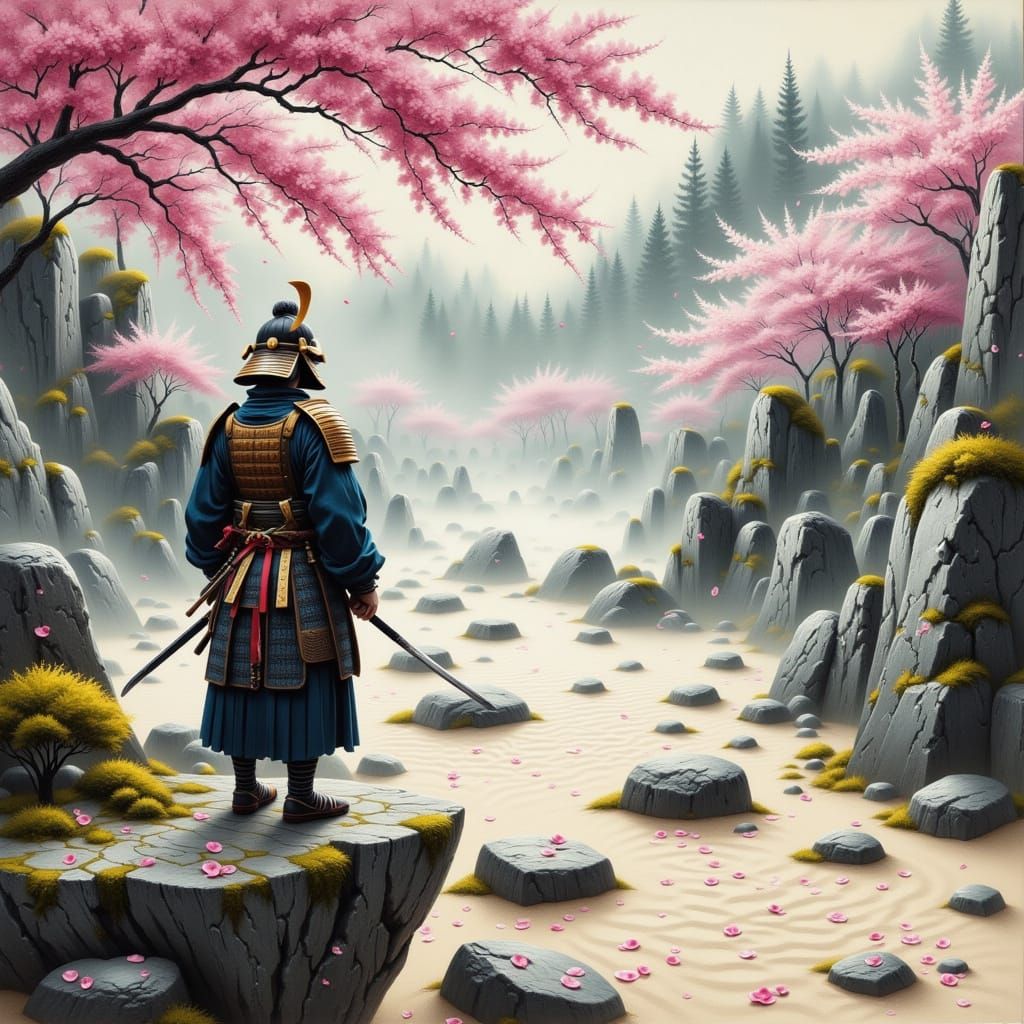 Samurai Overlooking Zen Garden in Japanese Art Style