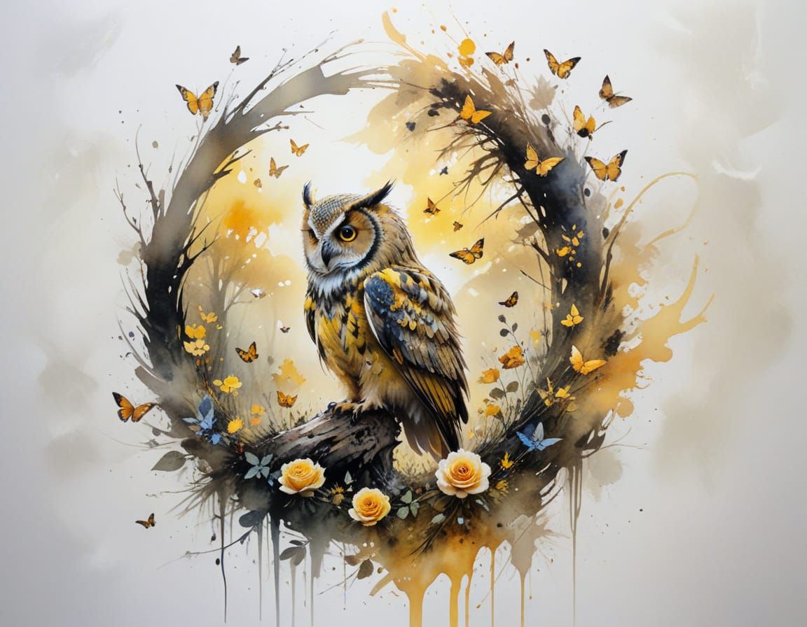 Woman in Gown with Owl and Butterflies