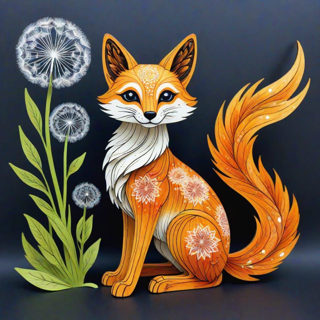 Whimsical Dandelion Fox as Pyrographic Alebrije