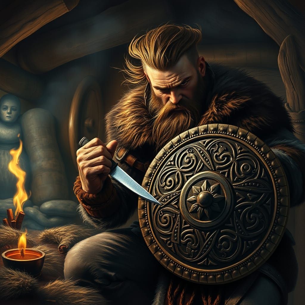 Viking Warrior Carving Shield in Norse Longhouse