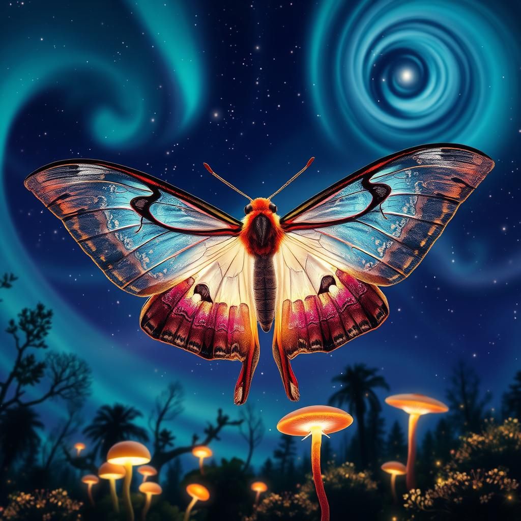 Luna Moth in Bioluminescent Forest Under Aurora Borealis