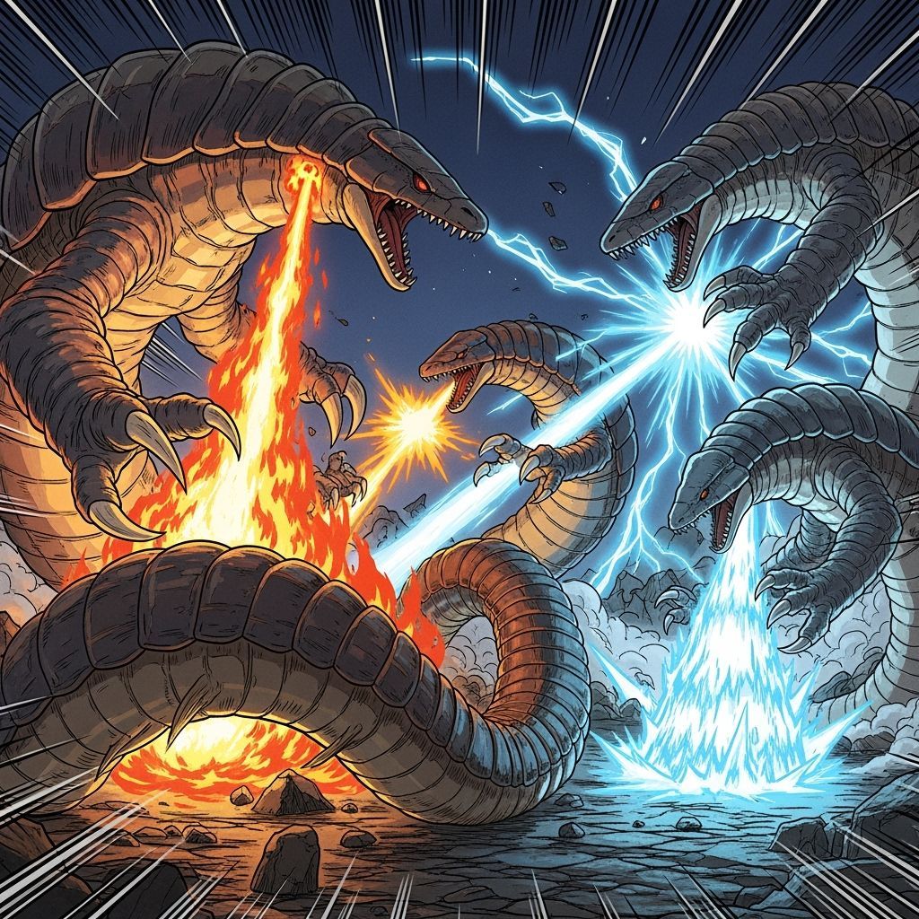 Colossal Kaiju Unleash Elemental Powers in Manga Style