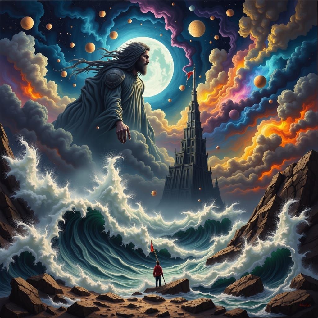 Surreal Ship in Stormy Seas Under Poseidon's Gaze