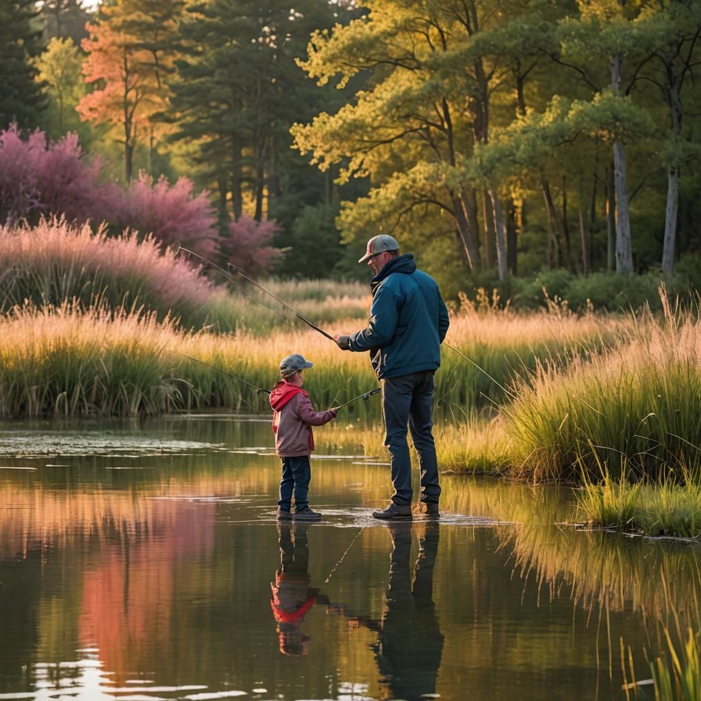 Lakeside Fishing Trip at Sunset in American Painting Style