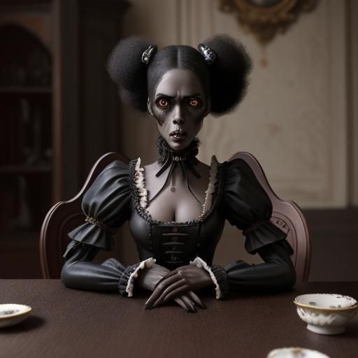 Creepy Porcelain Gothic Doll with Afro Ponytail