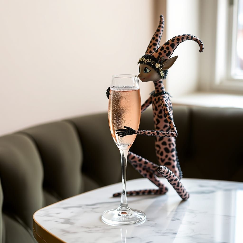 Elegant Elf Sips Pink Champagne from Leopard-Print Glass