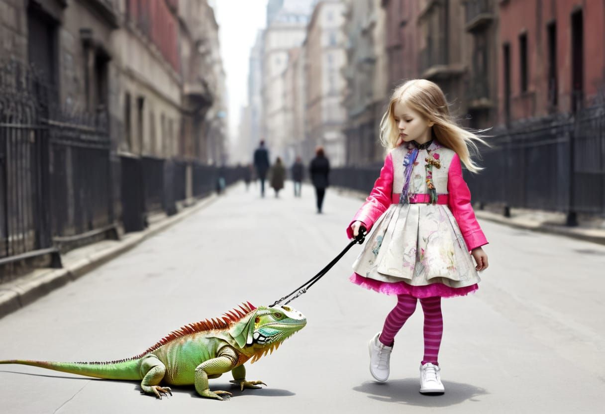 Girl Walks Iguana in City, Illustrative Style