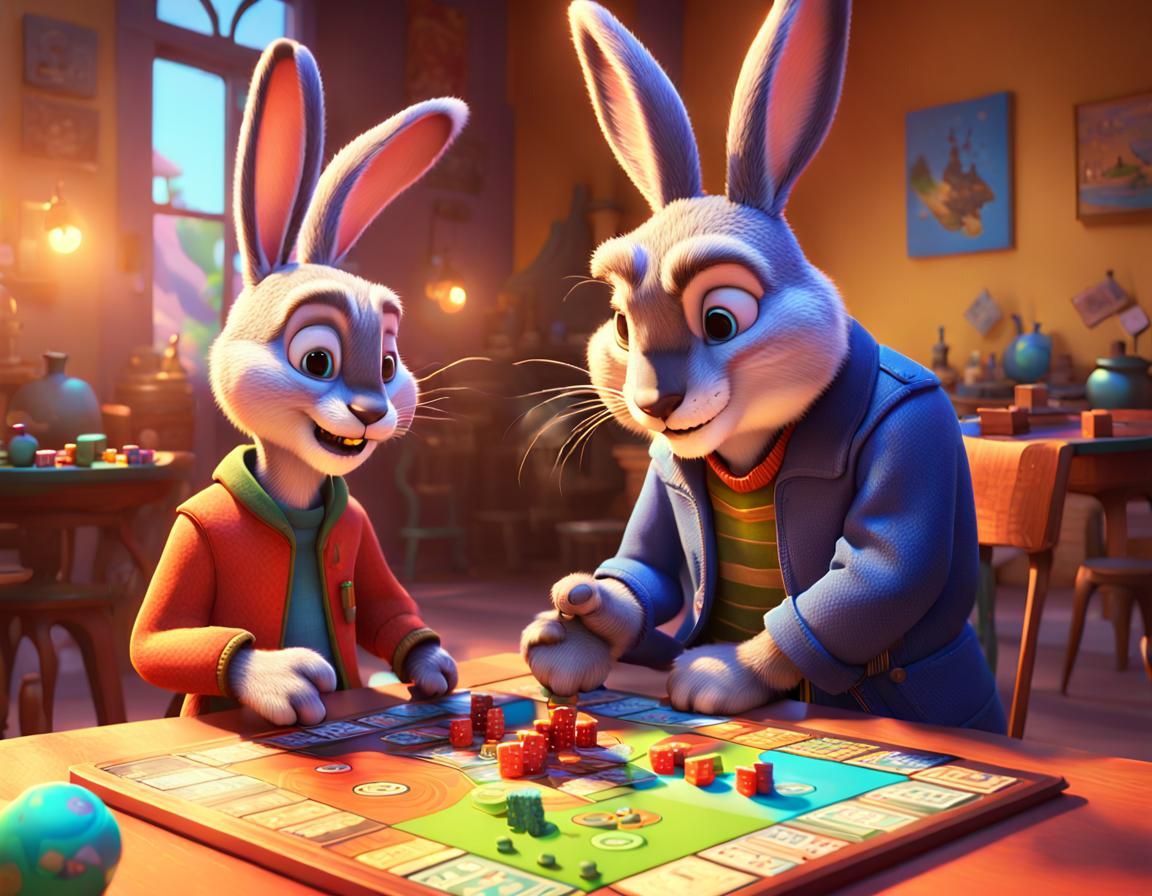 Father Rabbit and Son Play Board Game