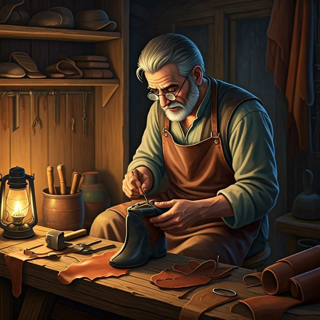 Rustic Cobbler at Work in Cozy Workshop
