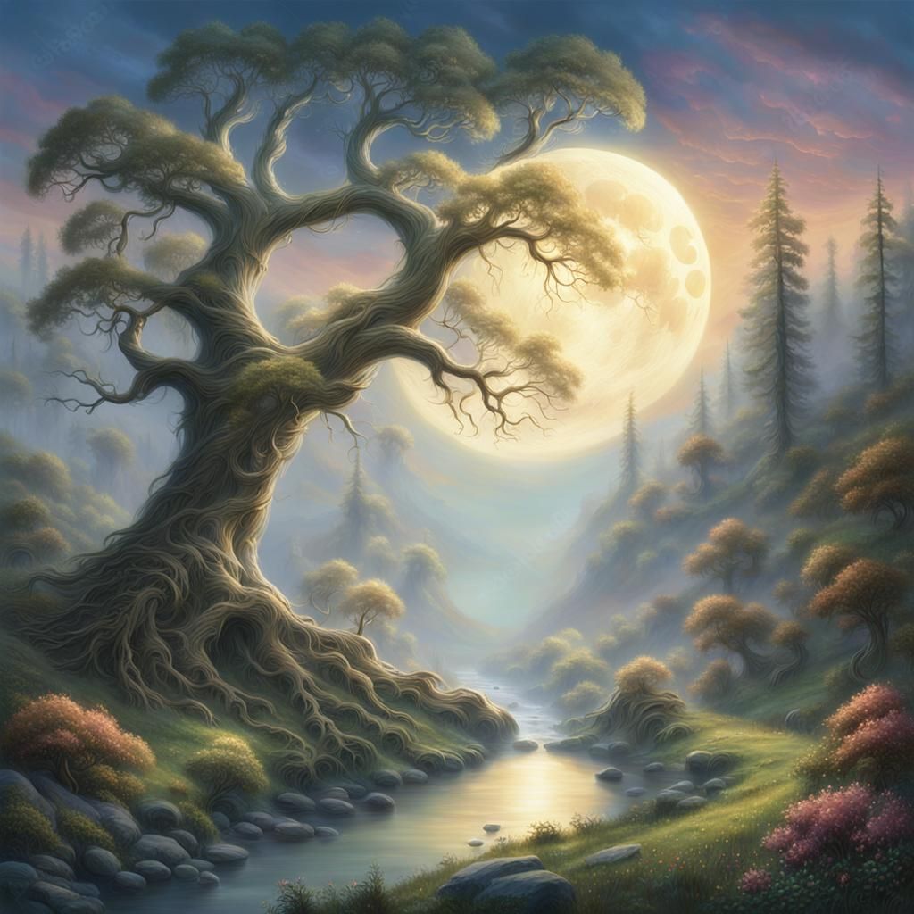 Moonlit Valley in Fantasy Realism Style