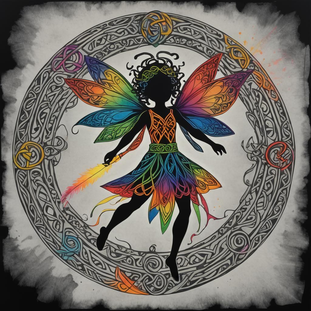 Dark Fairy Silhouette with Celtic Knotwork and Scribbles