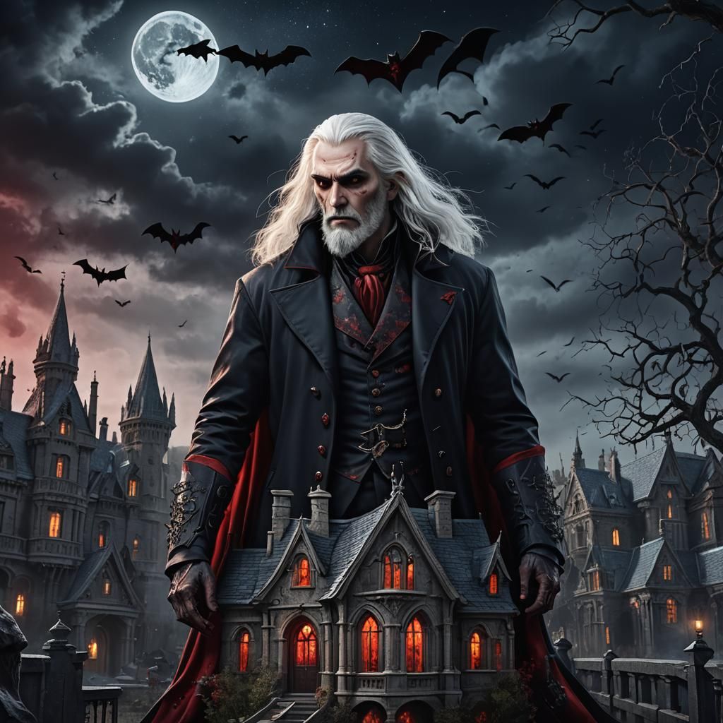 Gothic Vampire in Dark Night Sky, Detailed Matte Painting