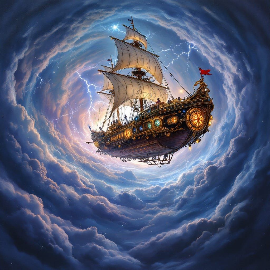 Steampunk Pirate Airship soars through a swirling vortex of ...
