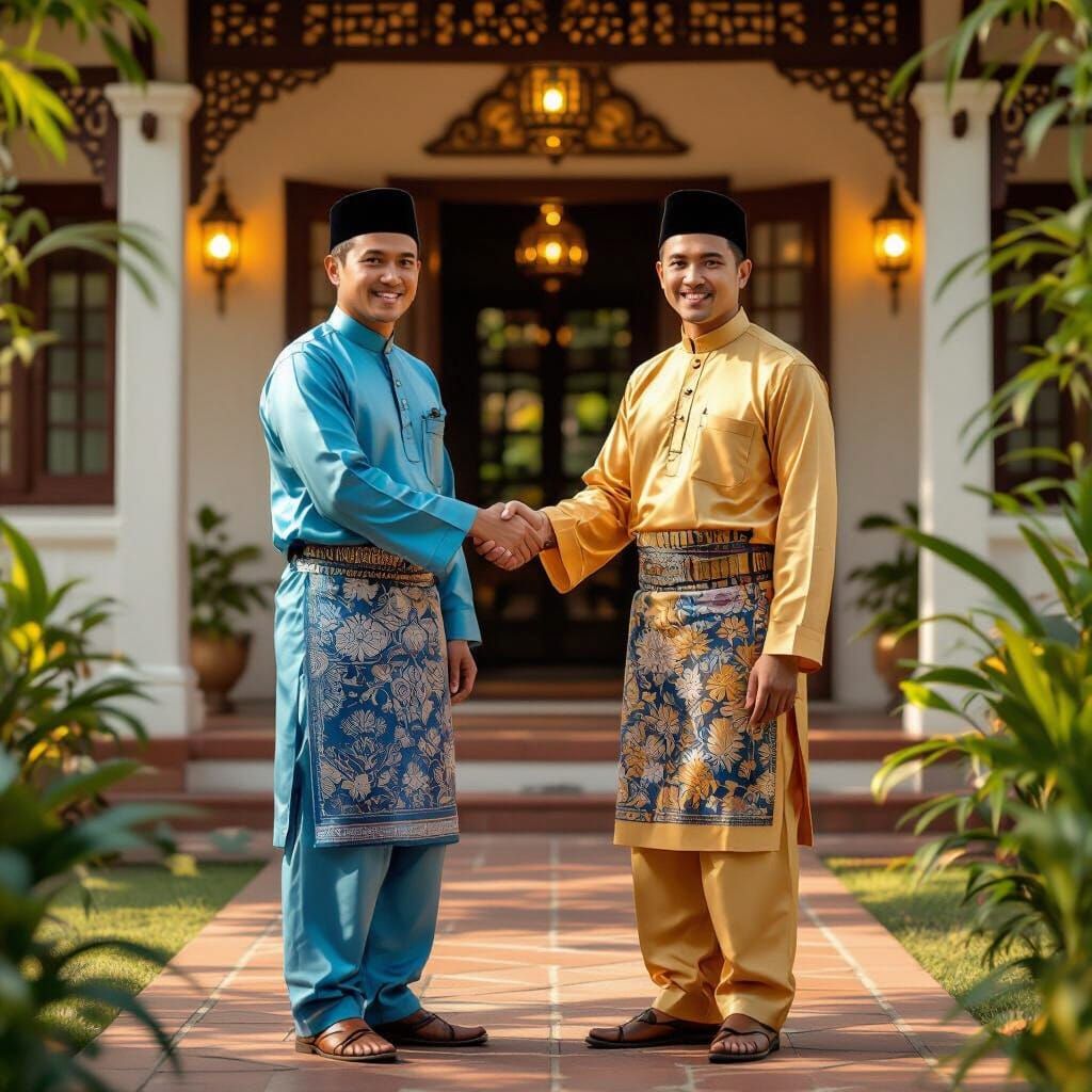 Malaysian Men in Baju Melayu Shaking Hands