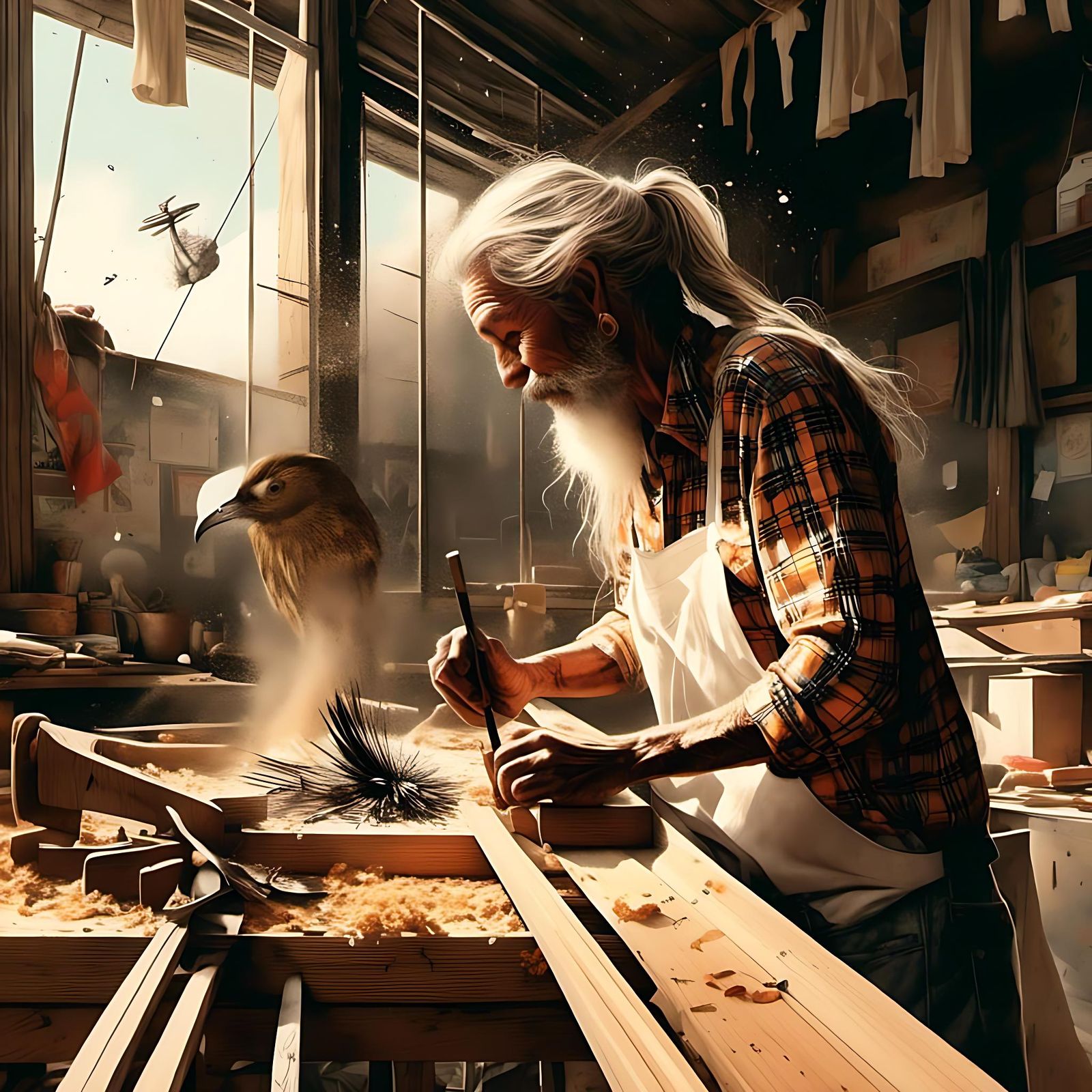 Village Carpenter Portrait with Ink Drawing Elements