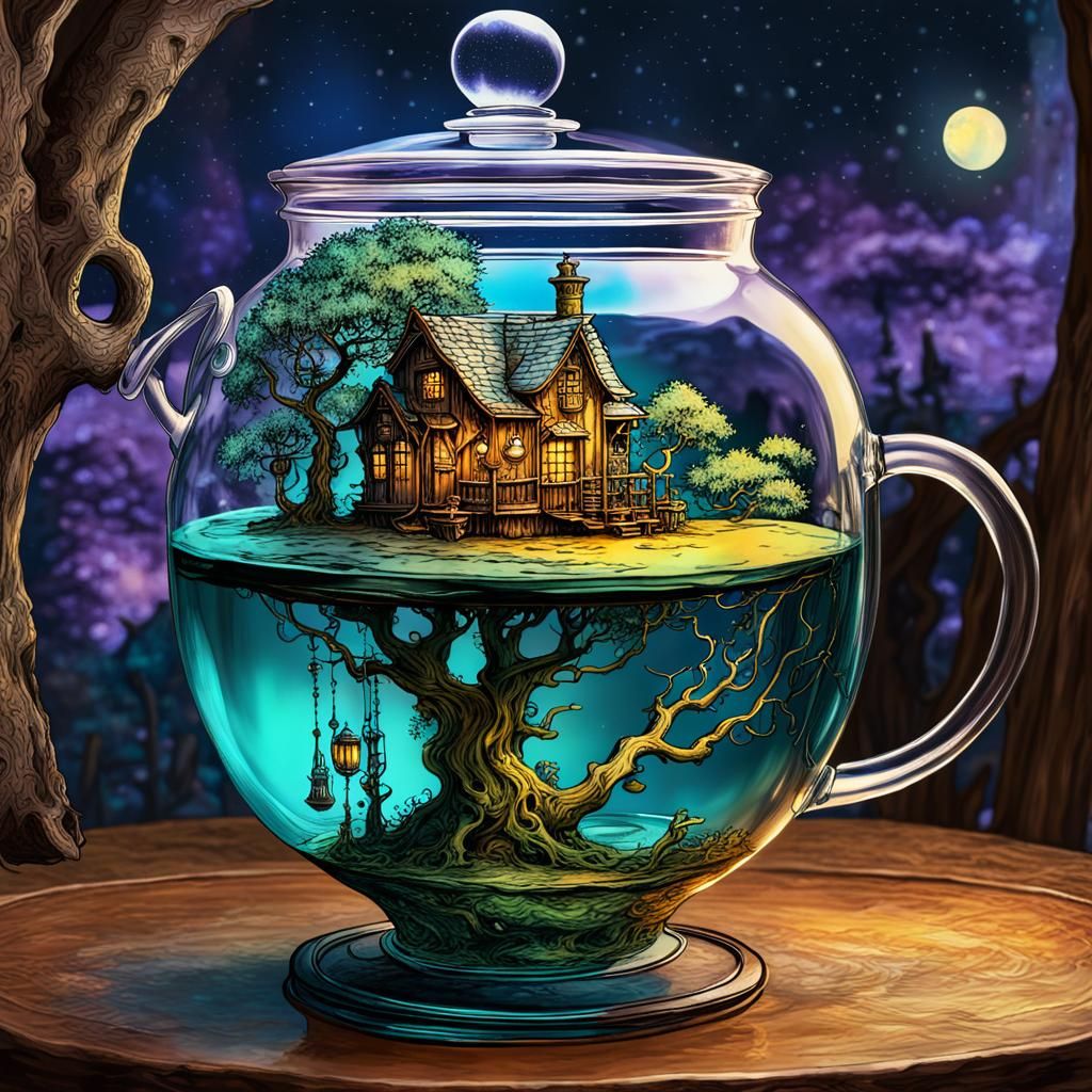 Cel-Shaded Wizard's Alchemical Treehouse in Glass Carboy