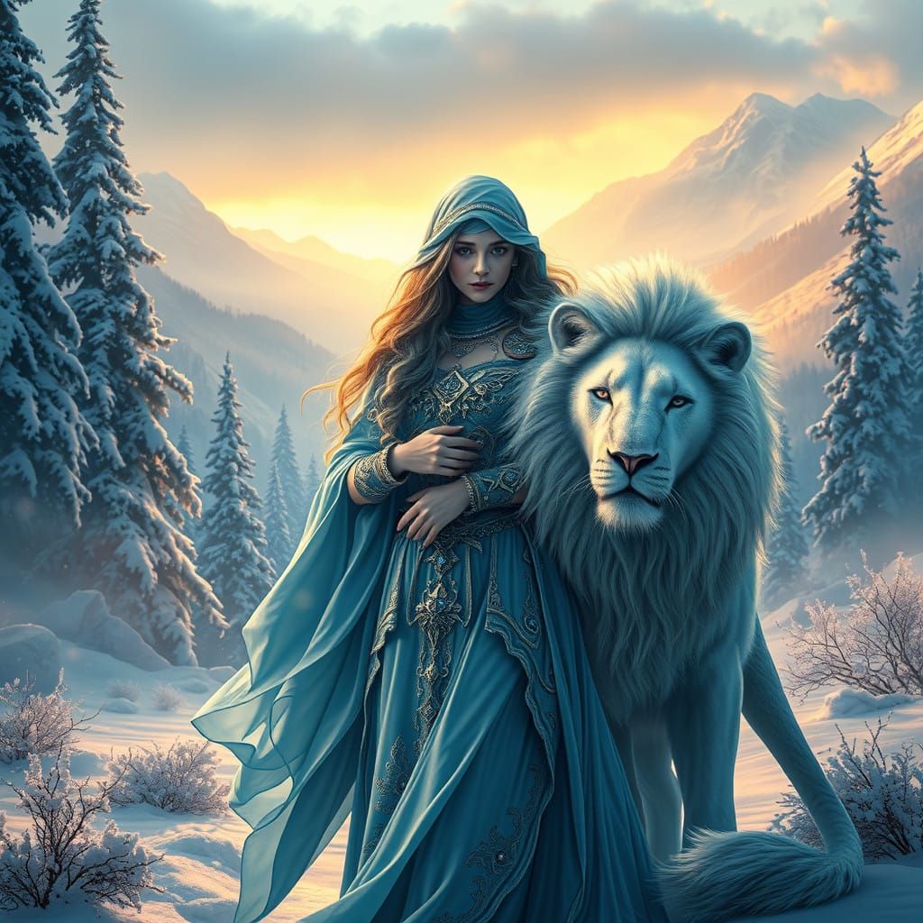 Mystical Woman Embracing Majestic White Lion in Winter Wonde...