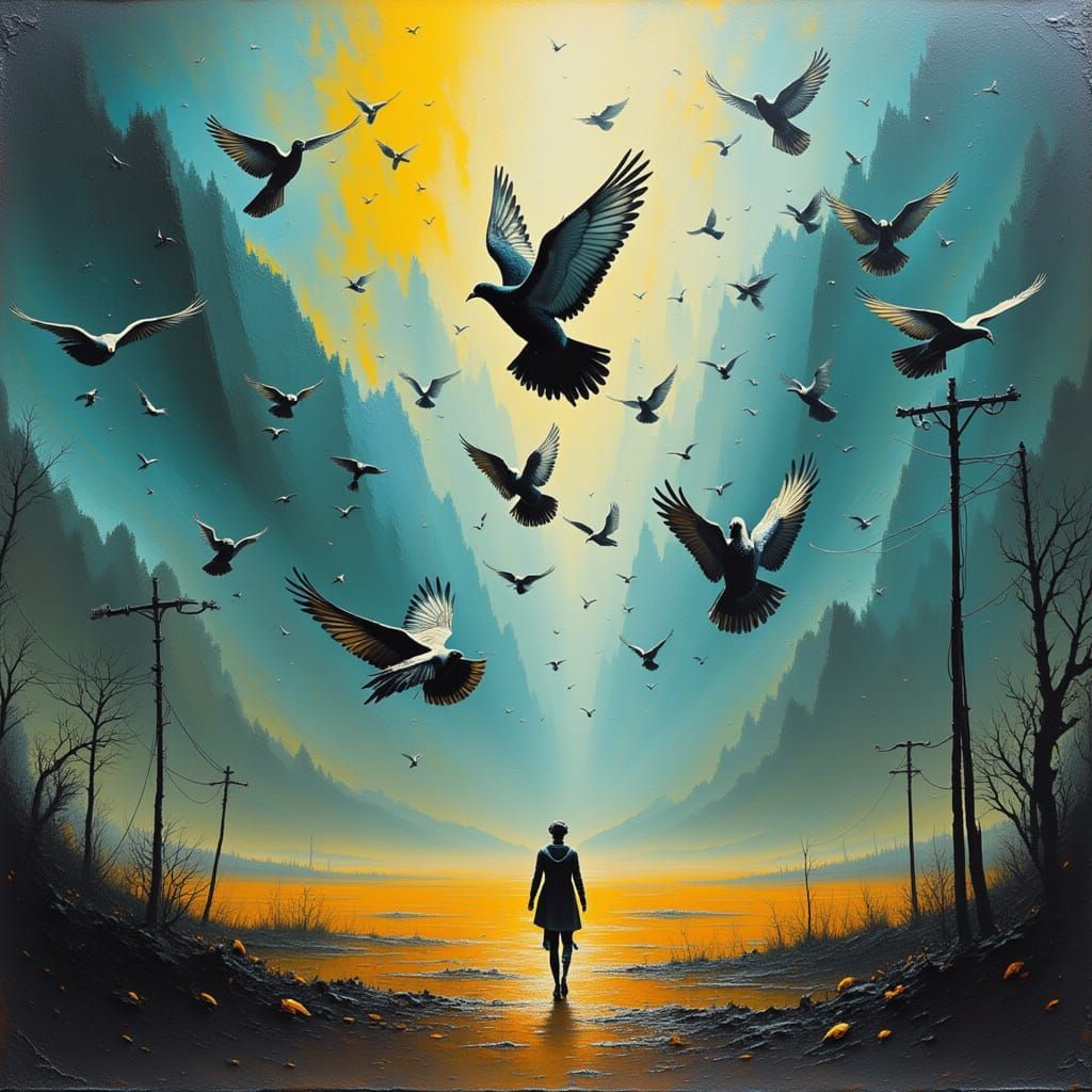 Surreal Landscape: Lone Figure Against Pigeons