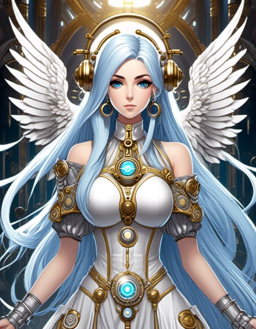 Symmetrical steampunk Anime Goddess, flowing Silver Blue hair, silver eyes, alabaster white angel wings, Platinum & stee...
