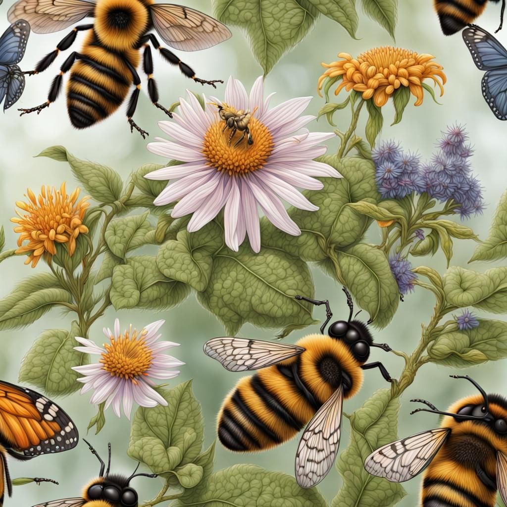 Detailed Illustrations of Pollinators in Natural Habitats