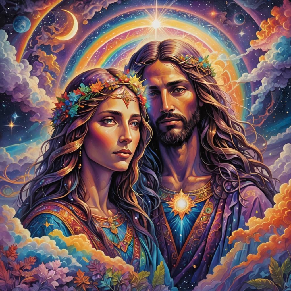 Mary Magdalene and Yeshua in Rainbow Fractal Landscape