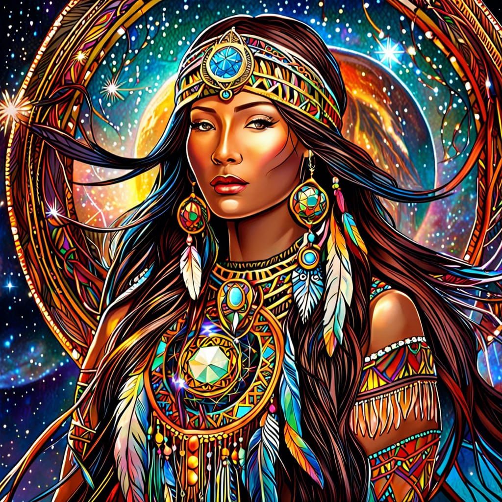 Dreamcatcher Woman: Galactic Astral Illustration in Mixed Me...