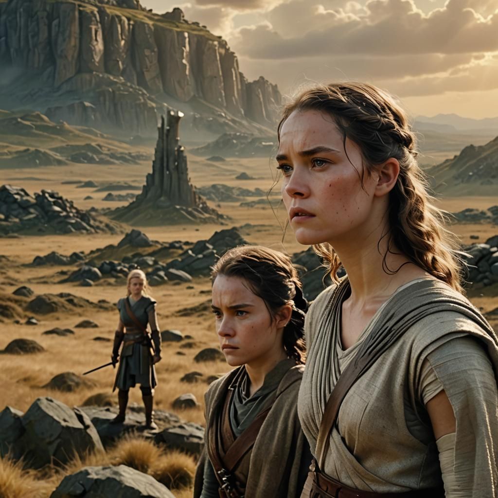 Rey Skywalker and Eowyn in Battle-Worn Landscape