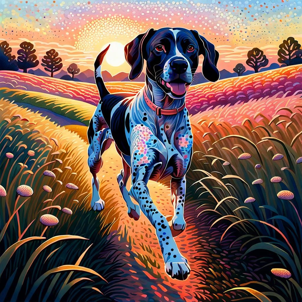 Pointer Dog Runs at Sunset in Pointillism Style