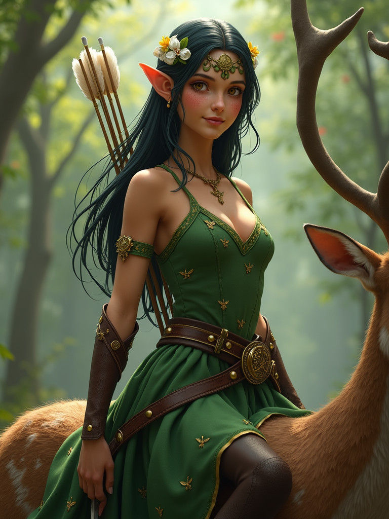 Enchanting Elf Maiden Riding Deer in Fantasy Forest