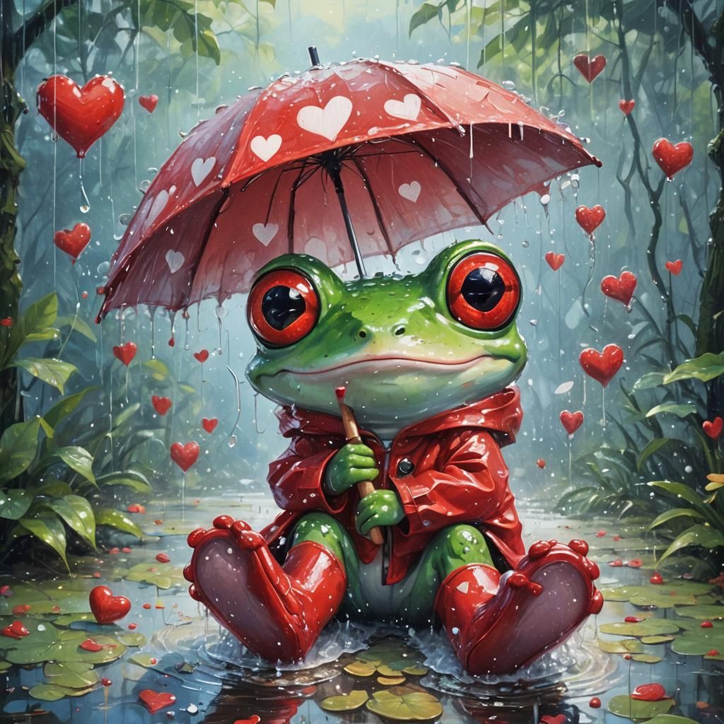Anthropomorphic Frog in Rain: Whimsical Oil Painting