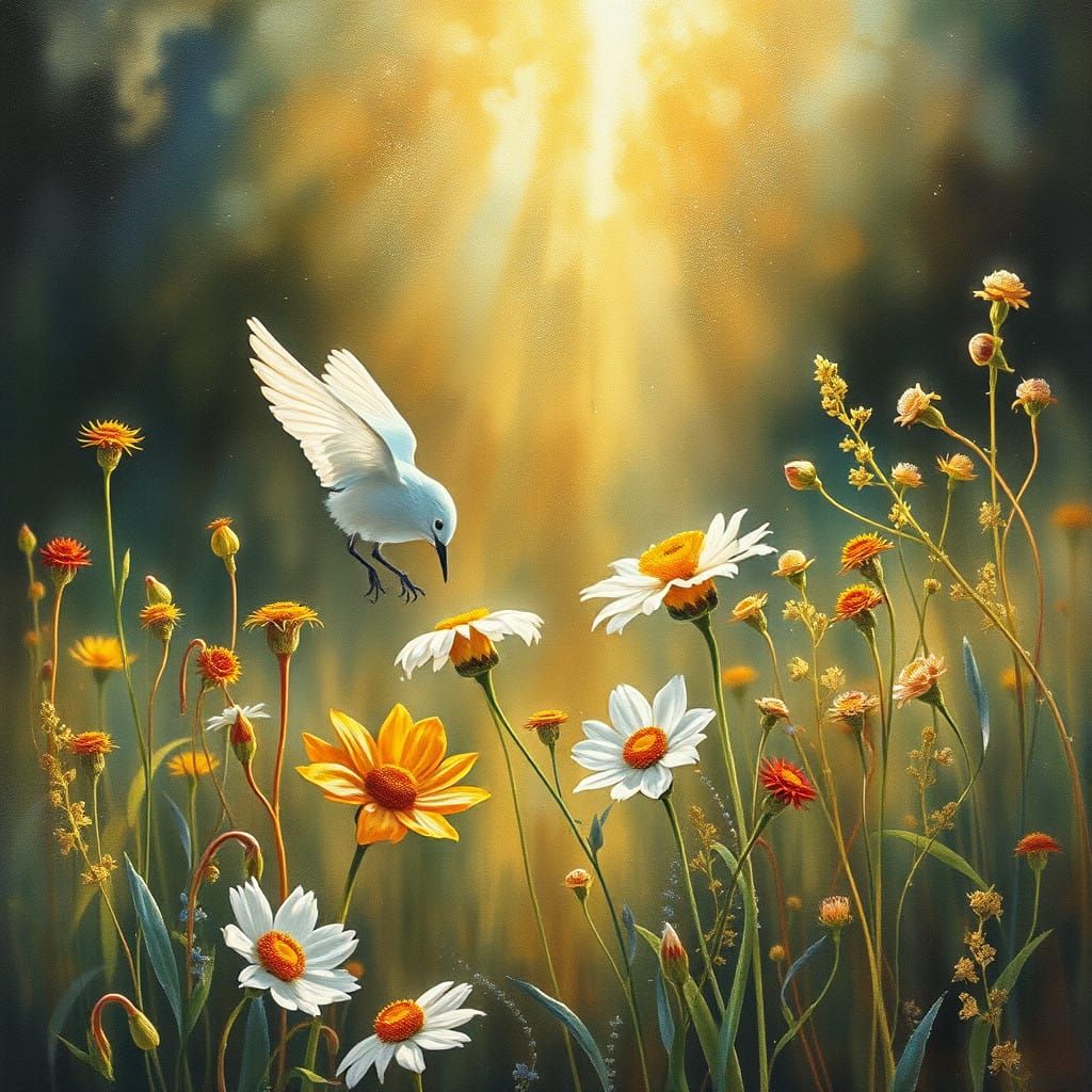 Surreal Landscape with Glittering Bird and Blooms