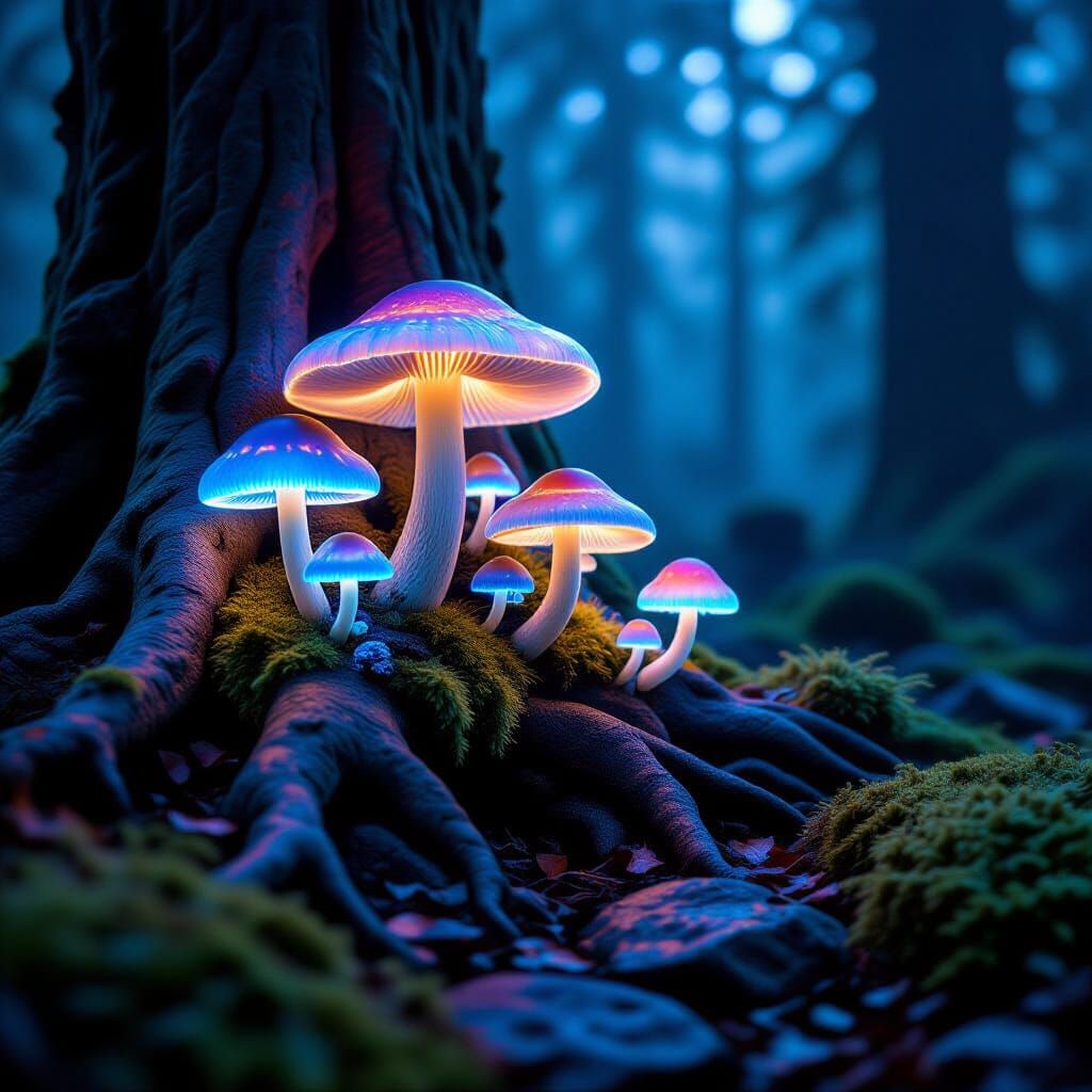 Glowing Bioluminescent Mushrooms in a Misty Forest