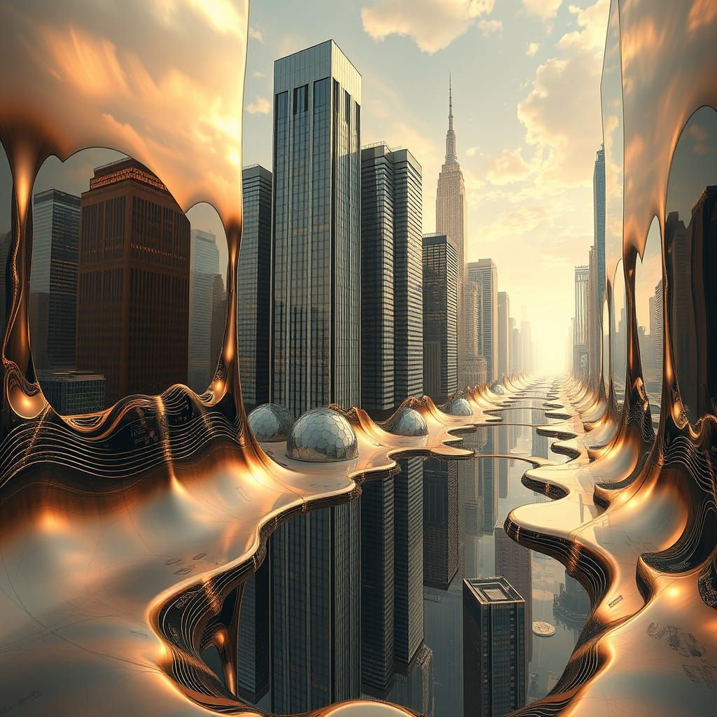 Surreal Melting Mirror Cityscape in Hyper-Realistic Style