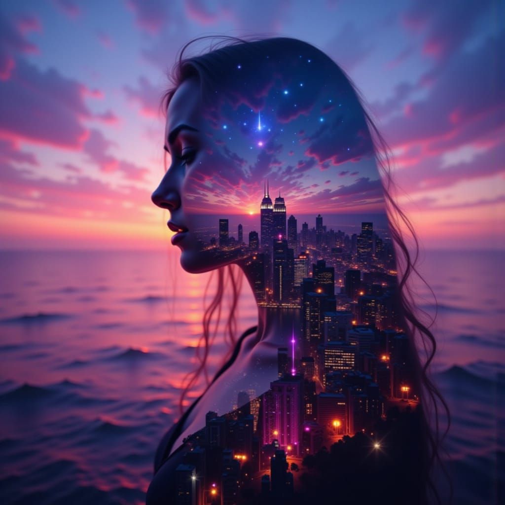 Surreal Double Exposure Portrait Blending Woman and Cityscap...
