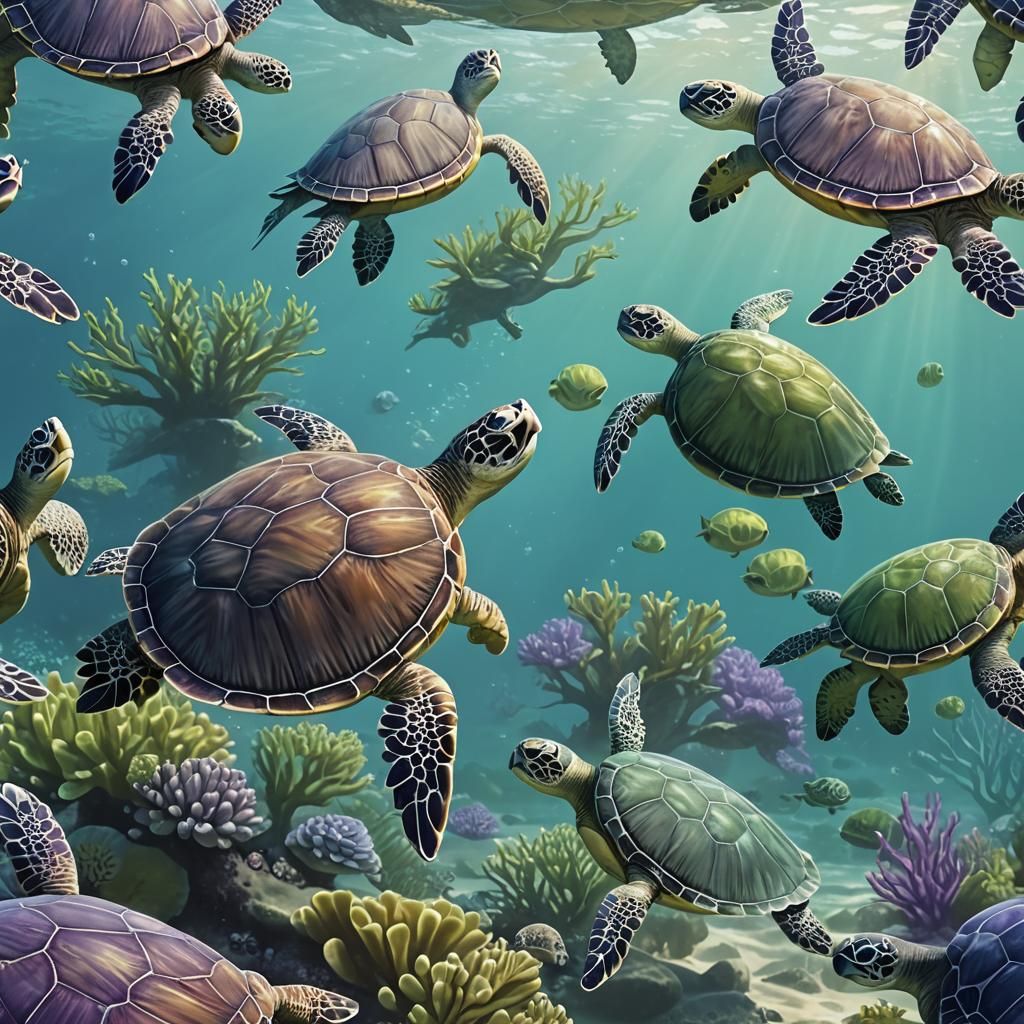Sea Turtles Playing Underwater: Fantasy Concept Art