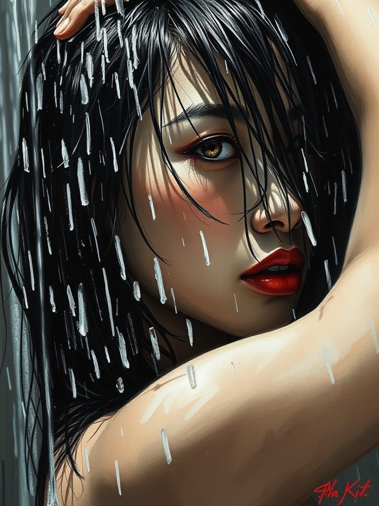 Expressionist Painting of a Woman in Dramatic Shower Light