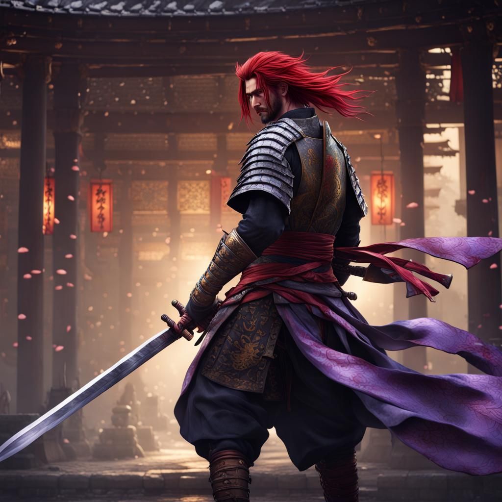 Red-Haired Samurai with Masamune Sword: Dark Fantasy Art