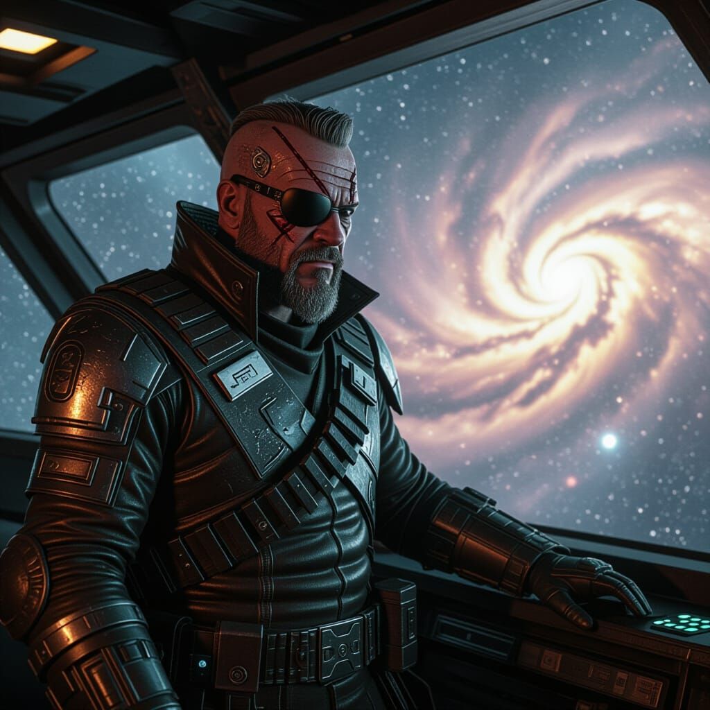 Grizzled Space Pirate on Frigate Bridge in Futuristic Style