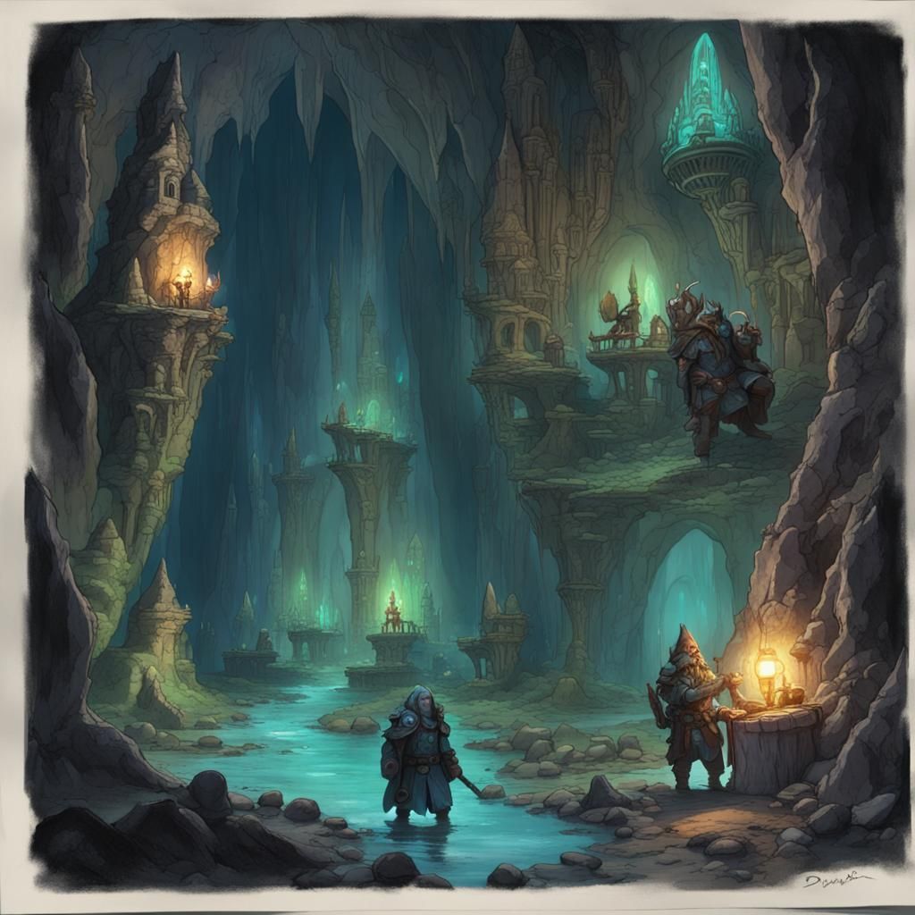 Bioluminescent Duergar and Gnome City in Cavern