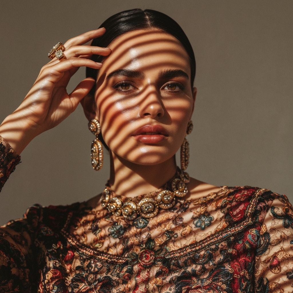 Fashion Portrait with Striped Shadows in Photorealistic Styl...