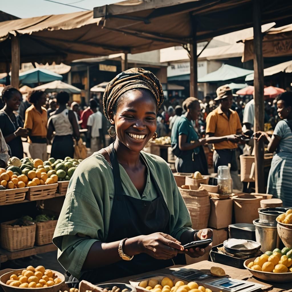 Smiling Woman Pays with Phone in Outdoor Market
